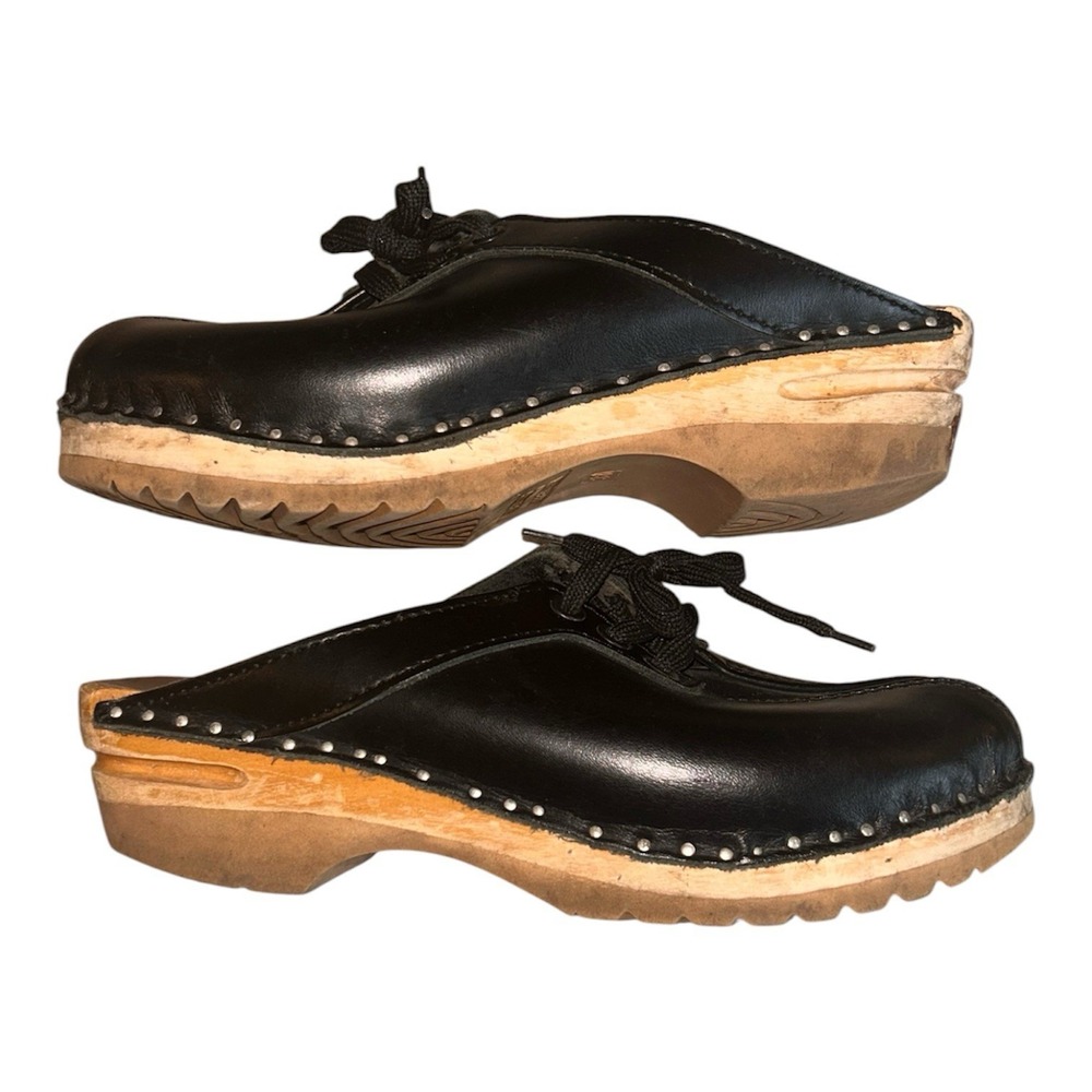 Troentorp TOFFELFABRIK Black Leather Wooden Sole Heel Clogs Mules Sweden EU38